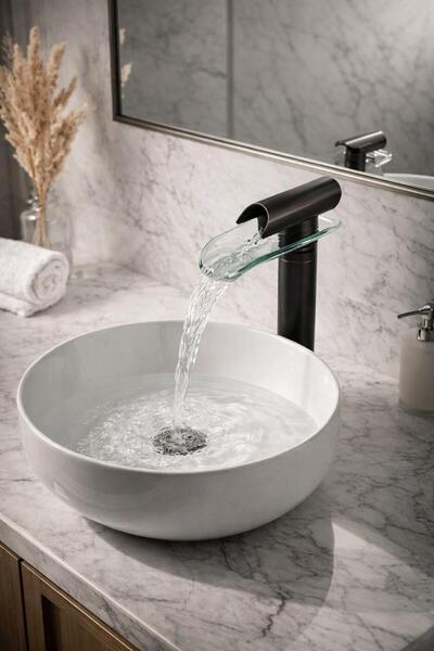 HT PRİMA Çanak Şelale Cam Lavabo Bataryası Siyah Tezgah Üstü Yüksek Gövde Mod...