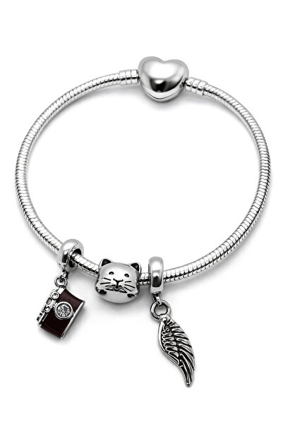 MakeWell Cat Wing Camera Heart and Snake Chain Bracelet for Kids Steel Stainl...
