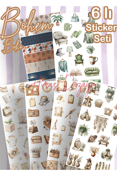 Hiras Dizayn 6lı Bohem Boho Stil Soft Sticker Set Dekoratif Etiketler Ajanda ...