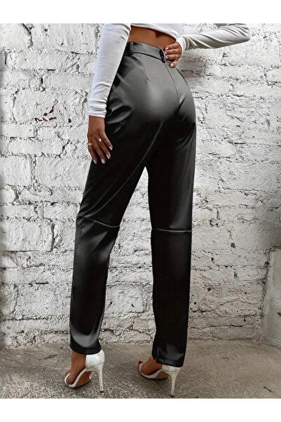 nedo7 Women's High Waist Front Button Leather Pants