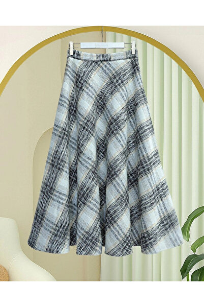 nedo7 Plaid Patterned Side Zipper Cashmere Bell Skirt - Cream