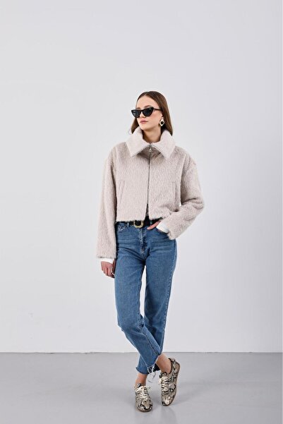 CELITA Women's Woolen Fox Collar Cashmere Zippered Coat