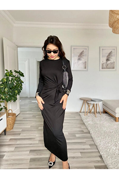 nedo7 فستان نسائي طويل الأكمام برقبة دائرية وربطة عنق متقاطعة وفتحة جانبية طو...