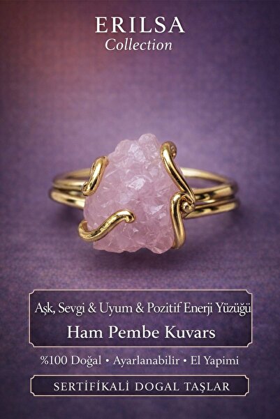 Erilsa Certified Love Affirmation Positive Energy Ring – Raw Pink Quartz Ston...