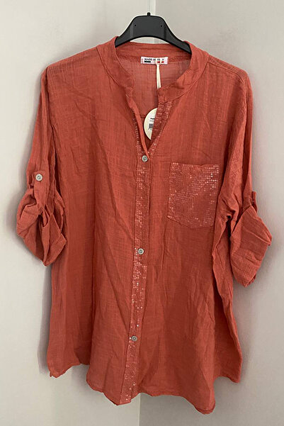 AYASOFYA OTANTIK Women's Italian Coral Collar Shirt with Sequin Detail, Pocke...