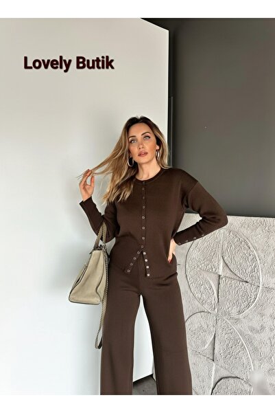 Lovely butik Silver Metal Buttoned Sleeve and Waist Detailed Knitwear Set - W...