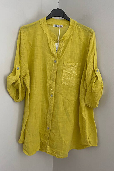 AYASOFYA OTANTIK Women's Italian Yellow Placket Collar Sequin Detailed Pocket...