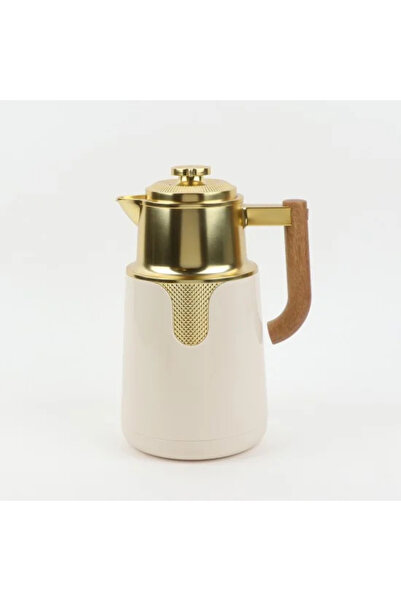 Generic Matte Gold and Beige Thermos with Wooden Handle - 1 Liter