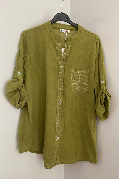 AYASOFYA OTANTIK Women's Italian Oil Green Collared Shirt with Sequin Detail,...