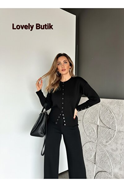 Lovely butik Silver Metal Buttoned Sleeve and Waist Detailed Knitwear Set - W...