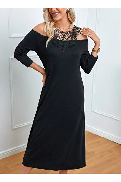 nedo7 فستان نسائي متوسط الطول بأكمام طويلة ورقبة أمامية مزينة بالدانتيل وياقة...