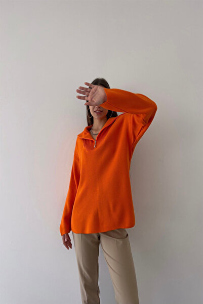 Perryes Women's Zippered Oversize Sweater Knitwear Orange
