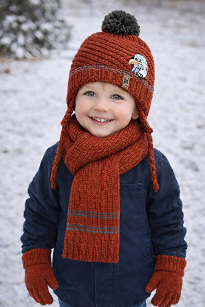Şirin Giyim Aksesuar 3-8 Years Old Boys' Scarf, Beanie, Gloves, Brick Color 3...