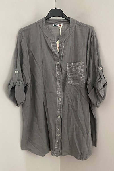 AYASOFYA OTANTIK Women's Italian Gray Placket Collar Sequin Detailed Pocket F...