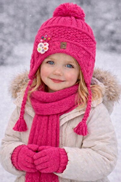 Şirin Giyim Aksesuar 3-8 Years Old Girl's Scarf, Beanie, Gloves Fuchsia 3-Pie...