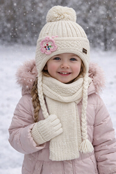Şirin Giyim Aksesuar 3-8 Years Old Girls' Scarf, Beret, Gloves, Cream 3-Piece...
