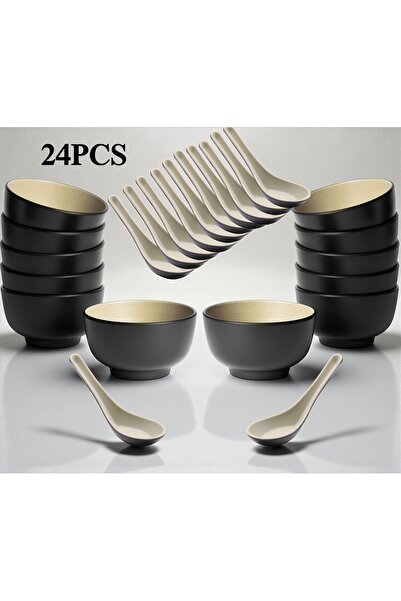 LANDREEN 12-piece melamine soup bowl set with 12 11cm spoons, serves 12 peopl...