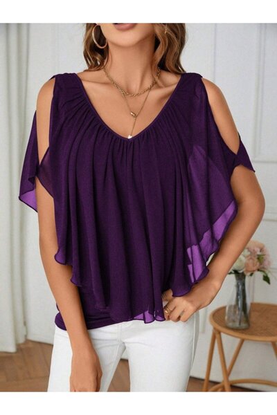 MODA Kadın kısa kollu v yakalı omuzlardan açık salaş bluz