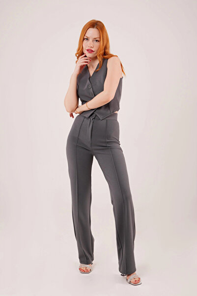 nedo7    Single Button Gray Trousers with Front Stitching Detail