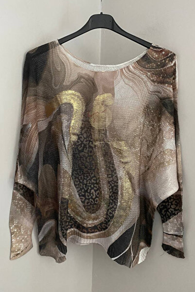 AYASOFYA OTANTIK Women's Italian Beige Gilded Symbol Pattern Bat Sleeve Merce...