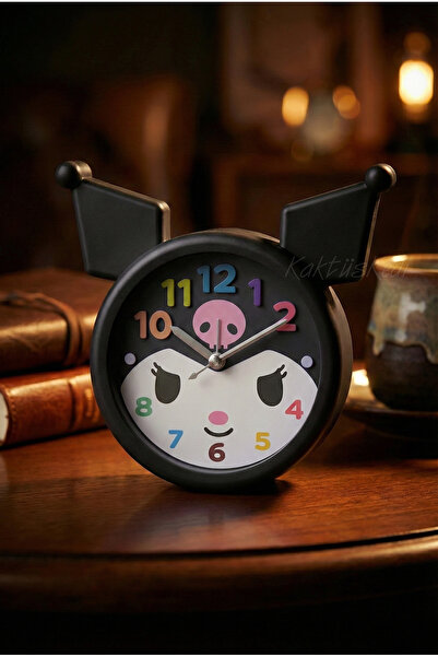 KaktüsKedi Kuromi Temalı Sevimli Siyah Çocuk Masa Saati | Alarmlı Dekoratif O...