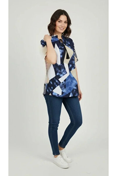 nedo7 Patterned Tasseled Viscose Blouse Peter Pan collar Short Sleeve Big Siz...