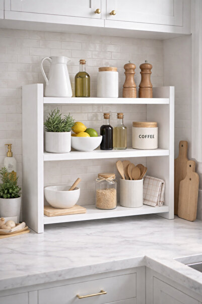 Mobdax Modern Mutfak Düzenleyici – 3 Katlı Ahşap Raf Ünitesi (Beyaz) Tezgah Üstü