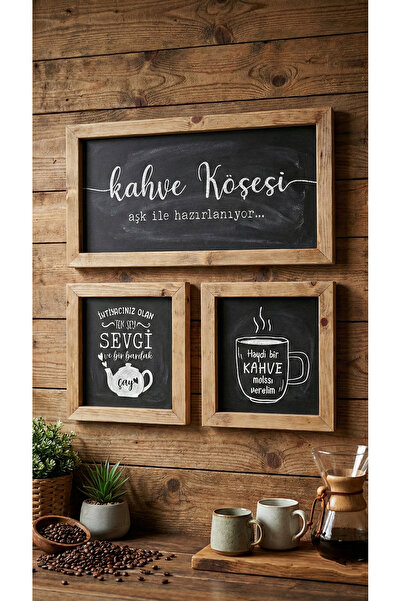 Dekorobi 3'lü Ahşap Çerçeveli Rustik Mutfak Tablo Seti - Kahve Köşesi ve Çay ...