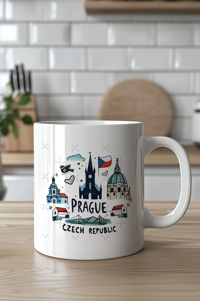 YasBey DESIGN Prague Temalı 330ml Baskılı Beyaz Seramik Kupa Bardak