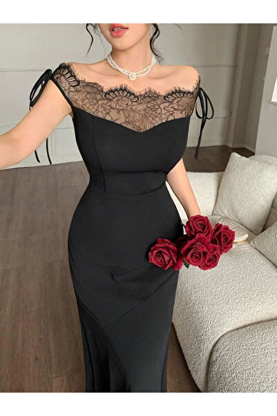 nedo7 Kadın Göğüs Ve Yakası Dantel Detaylı Kayık Yaka Görünümlü Uzun Ithal Kr...