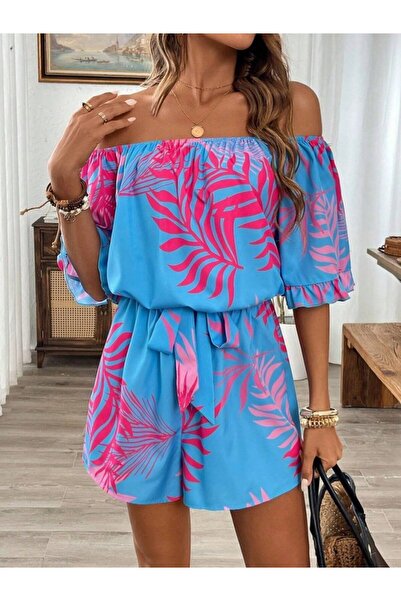 MODA Fashion omuzlardan açık madonna yakalı beli kuşaklı desenli kadın tulum
