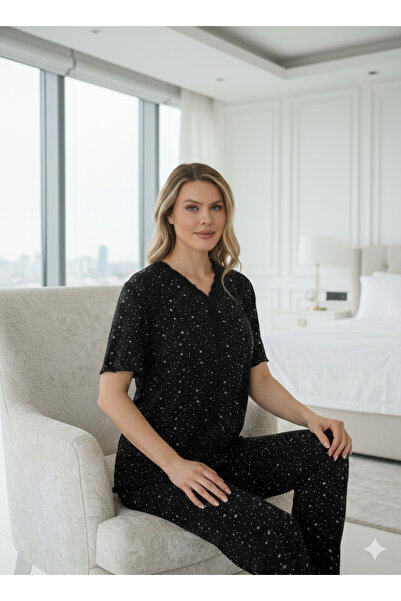 Sude Siyah Bamboo Yumuşak Dokulu Dantelli Yaka Düğmeli Yıldız Detaylı Pijama ...