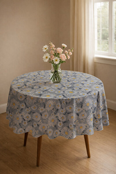 Rona Home Gray Daisy Patterned Round Tablecloth Stain Resistant Quality Fabri...