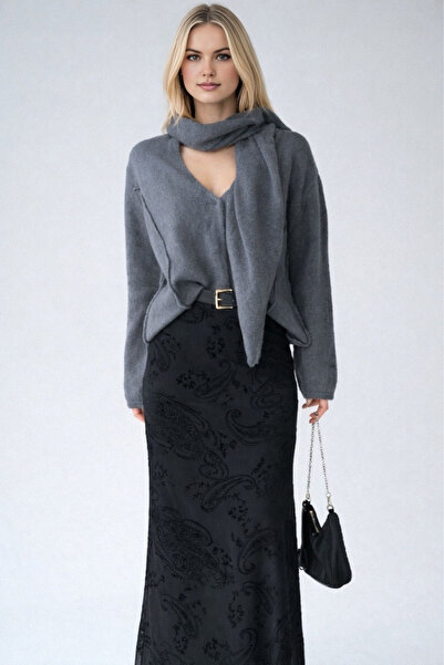 LOOSH Kadın Gri V Yaka Şal Detaylı Oversize Hırka