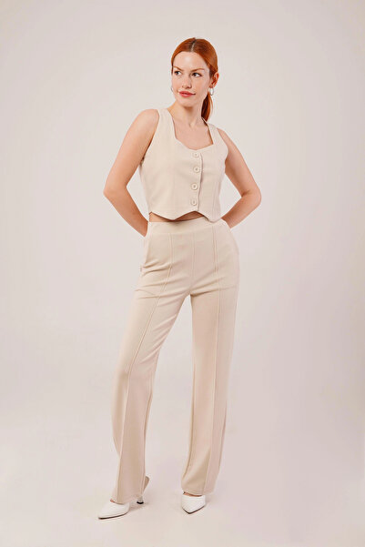 nedo7 Thick Strap Buttoned Vest and Trousers Beige Set
