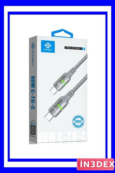 İN3DEX Arbaks ARB-122 كابل مضفر من النوع C إلى النوع C بقوة 60 واط مع إضاءة LED