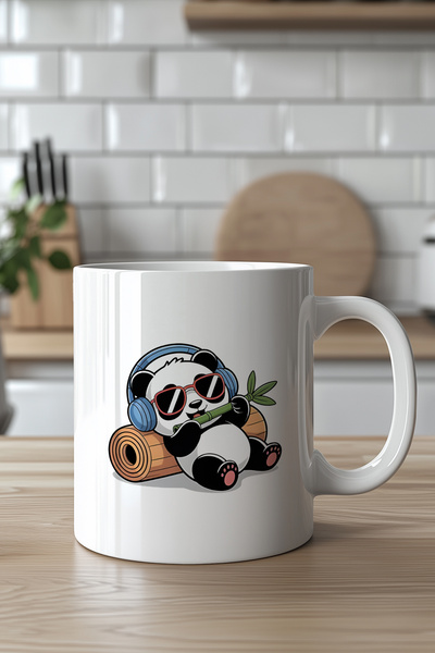 YasBey DESIGN Sevimli Panda Desenli 330ml Baskılı Beyaz Seramik Kupa Bardak