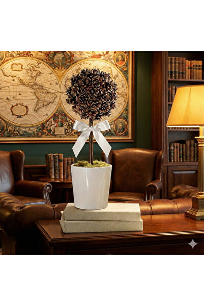 FLEX COMPANY Dekoratif Doğal Kozalak Aranjmanı - Beyaz Saksılı BEYAZ Kurdele ...