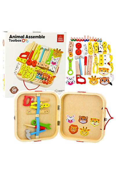 LEAN Креативен дървен комплект с животни за сглобяване в куфар, 59 части