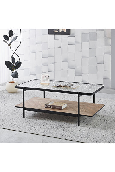 Home Box طاولة قهوة بالدوين بسطح زجاجي ورف - أسود وطبيعي