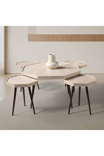 Home Box طقم طاولات قهوة فريدلي مكون من 5 قطع - أرجل بيج وجوز داكن