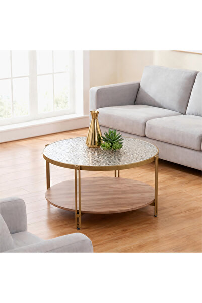 Home Box طاولة قهوة ليروي دائرية بسطح زجاجي ورف - ذهبي وخشب البلوط الداكن