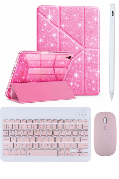 Covpor İpad Air 11inç M2/m3 2025-2024 Uyumlu Simli Kılıf Rose+Bluetoothlu Kla...