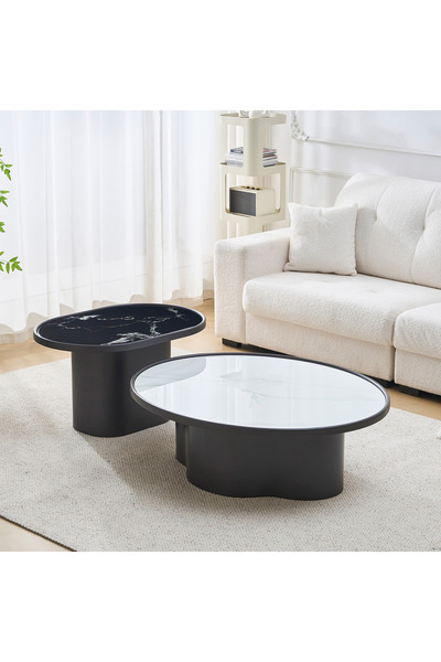 Home Box طقم طاولات قهوة P-Palermo مكون من قطعتين بسطح زجاجي - أبيض لامع وأسود