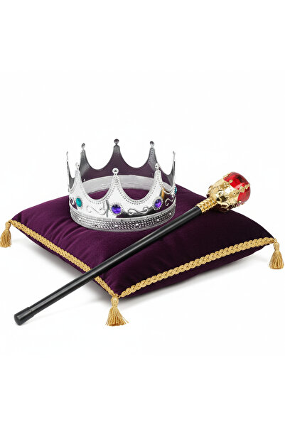 Samur Gümüş Kral Tacı Kraliyet Tacı 60 cm ve Kırmızı Topuzlu Kral Asası Seti