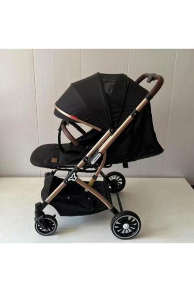 Mini Baby عربة أطفال ثنائية الاتجاه بتصميم طائرة - أسود بحواف ذهبية