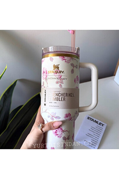 stanly beyaz Quencher çiçek desenli pipetli termos