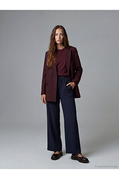 LC Waikiki Xside Navy Blue Elastic Waist Striped Wide Leg Women's Trousers W5...
