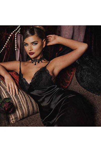 Nightlight Kadın Siyah Saten Dantelli Askılı Gecelik