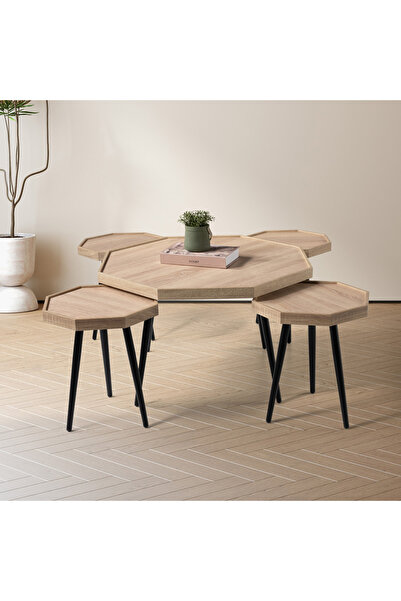 Home Box طقم طاولات قهوة فريدلي مكون من 5 قطع - أرجل من خشب البلوط والأسود